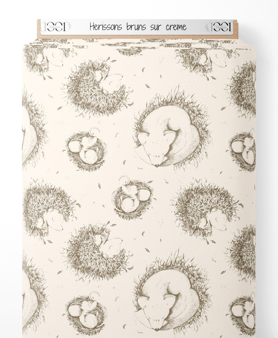 Tissu - Hérissons bruns sur crème