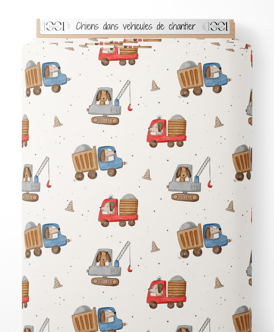 Tissu - Chiens dans véhicules de chantier