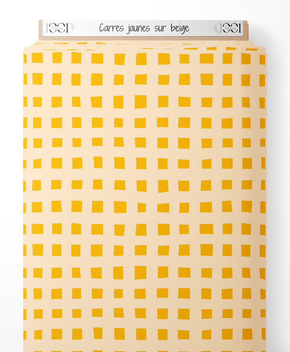 Tissu - Carrés jaunes sur beige