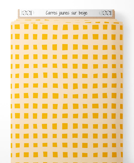 Tissu - Carrés jaunes sur beige