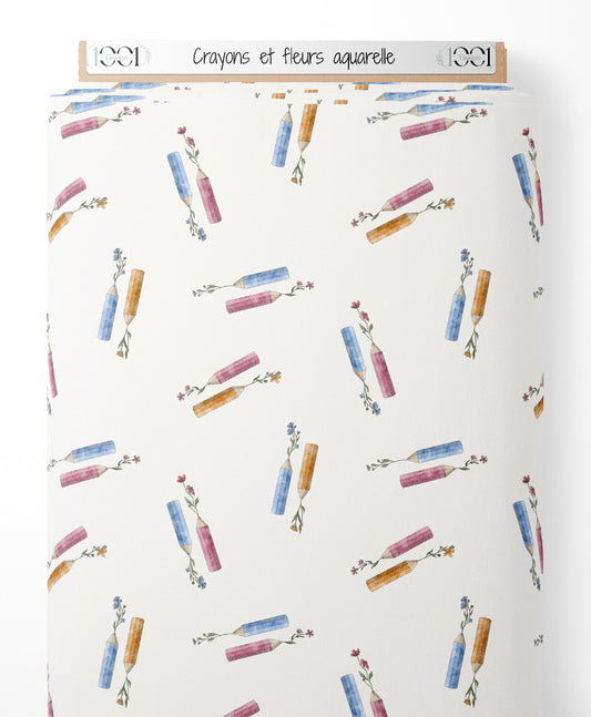 Tissu - Crayons et fleurs aquarelle