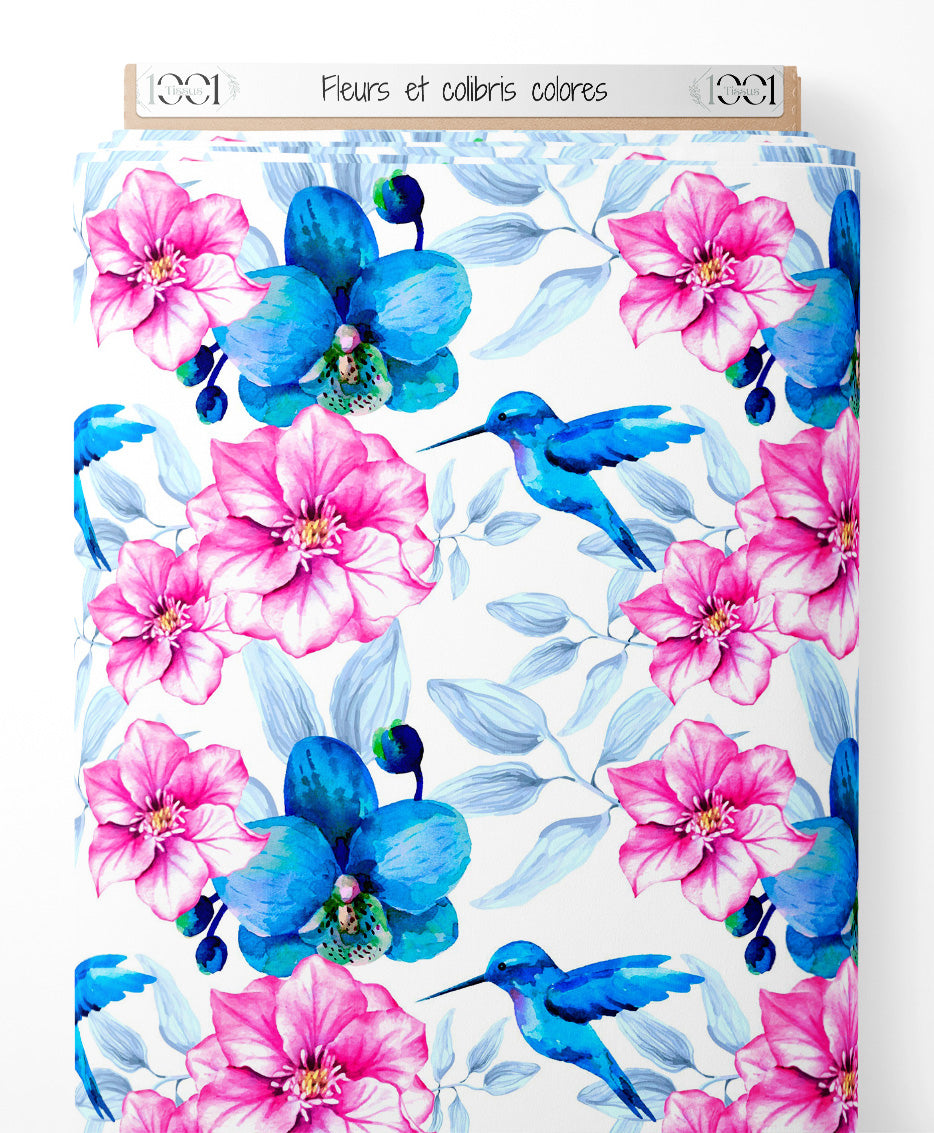 Tissu - Fleurs et colibris colorés