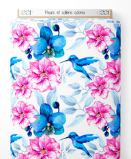 Tissu - Fleurs et colibris colorés