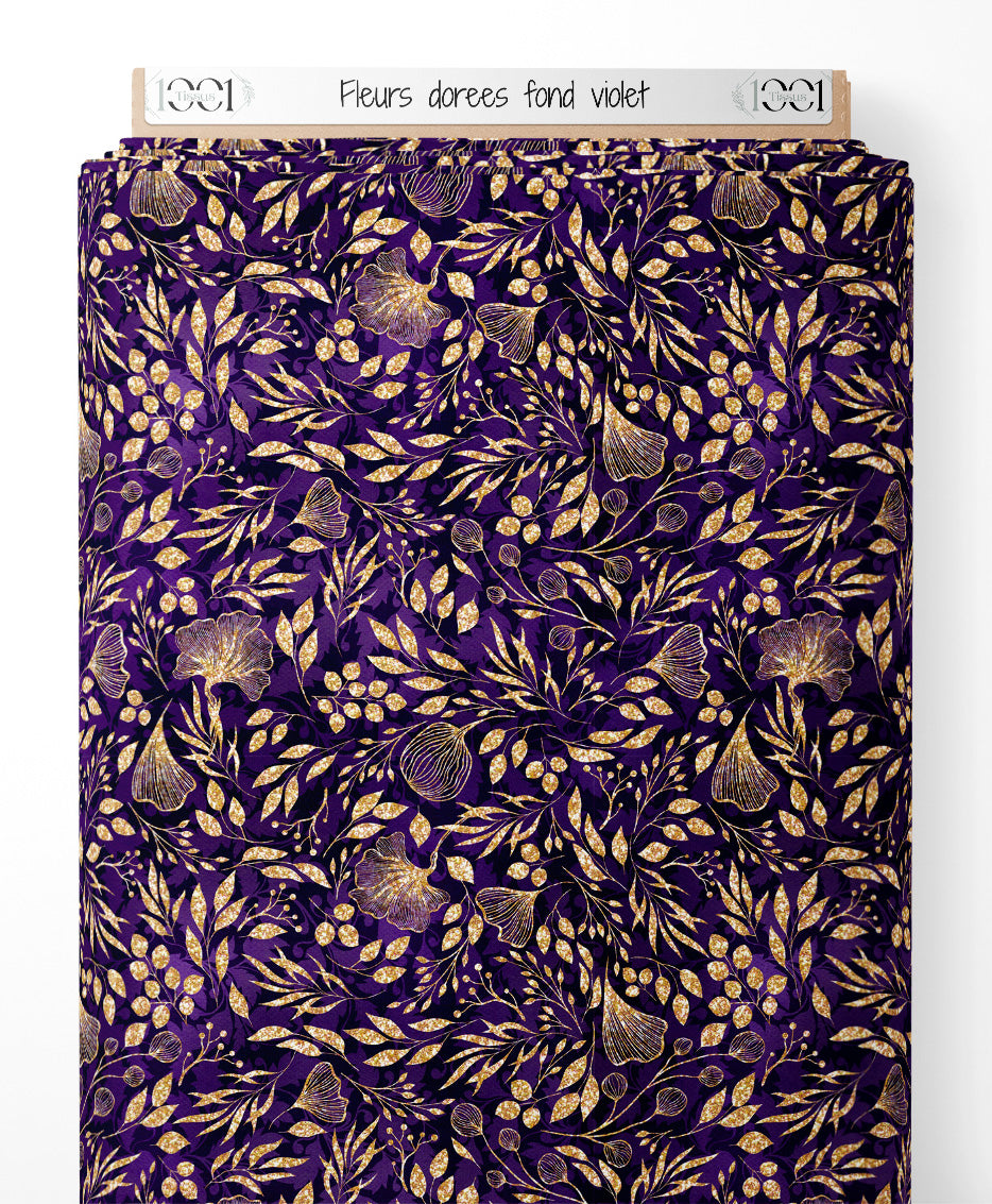 Tissu - Fleurs dorées sur fond violet