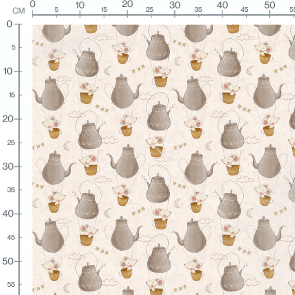 Tissu - Souris dans théières volantes