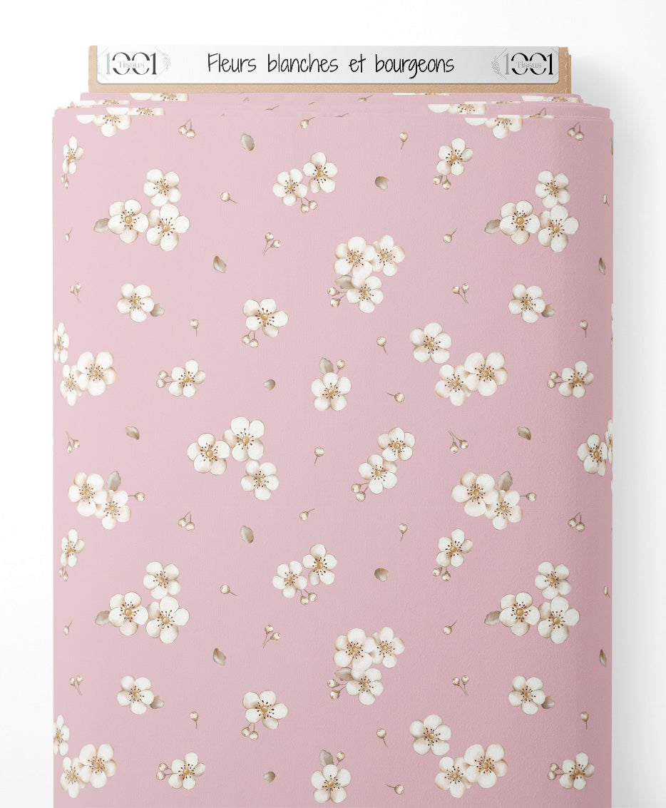 Tissu - Fleurs blanches et bourgeons