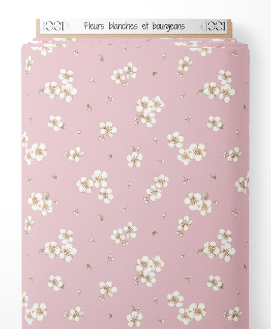 Tissu - Fleurs blanches et bourgeons