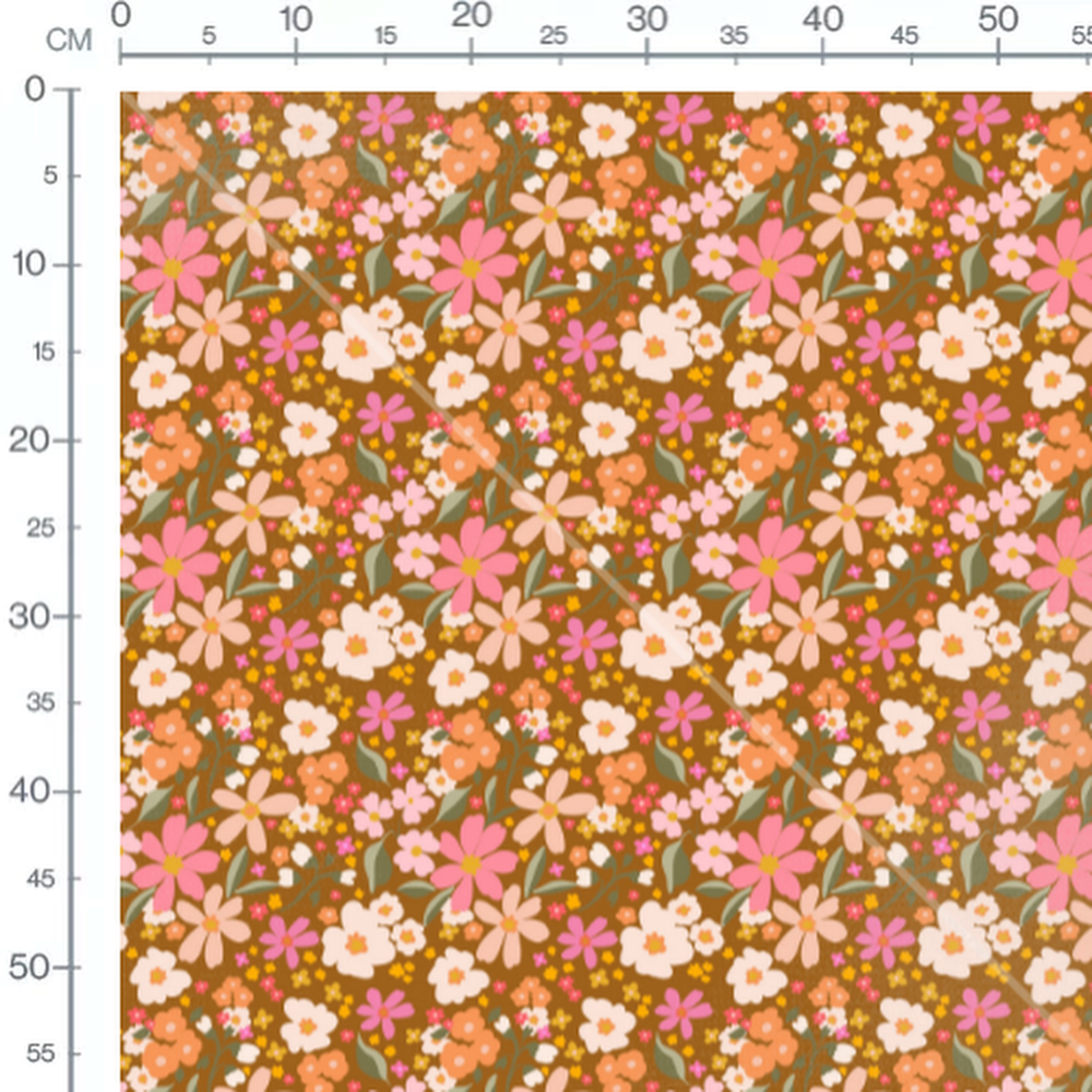 Tissu - Fleurs multicolores sur fond marron