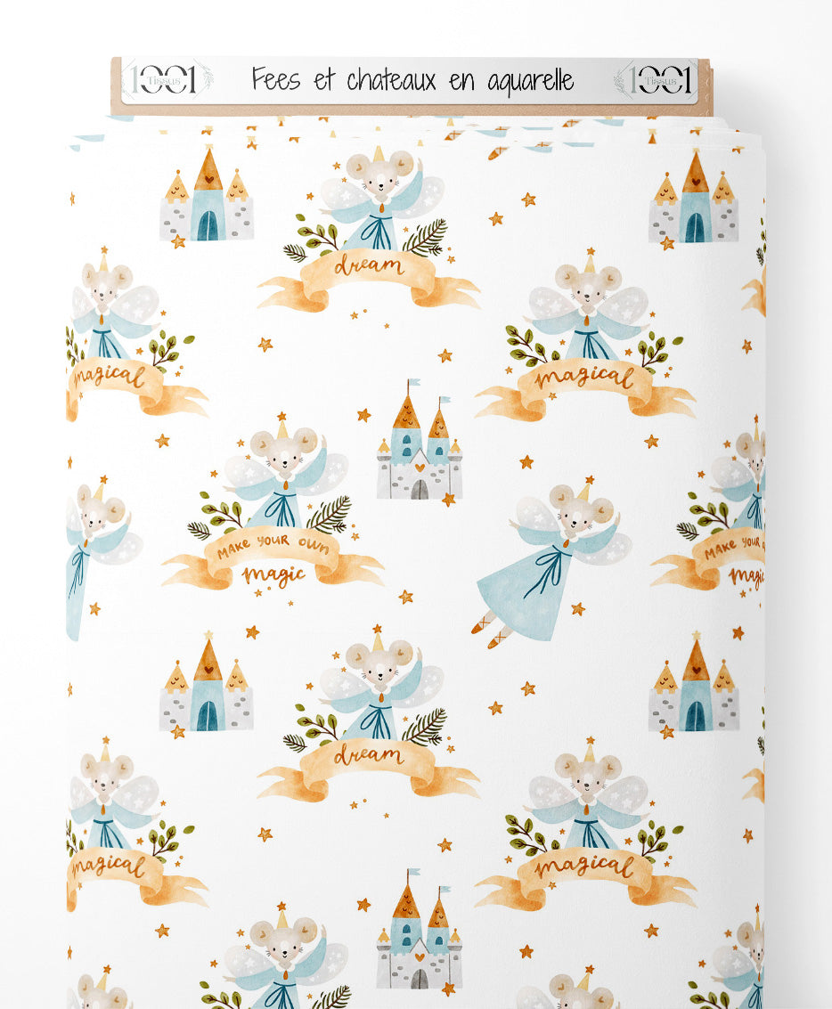 Tissu - Fées et châteaux en aquarelle