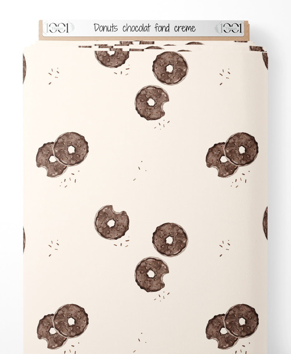 Tissu - Donuts chocolat fond crème