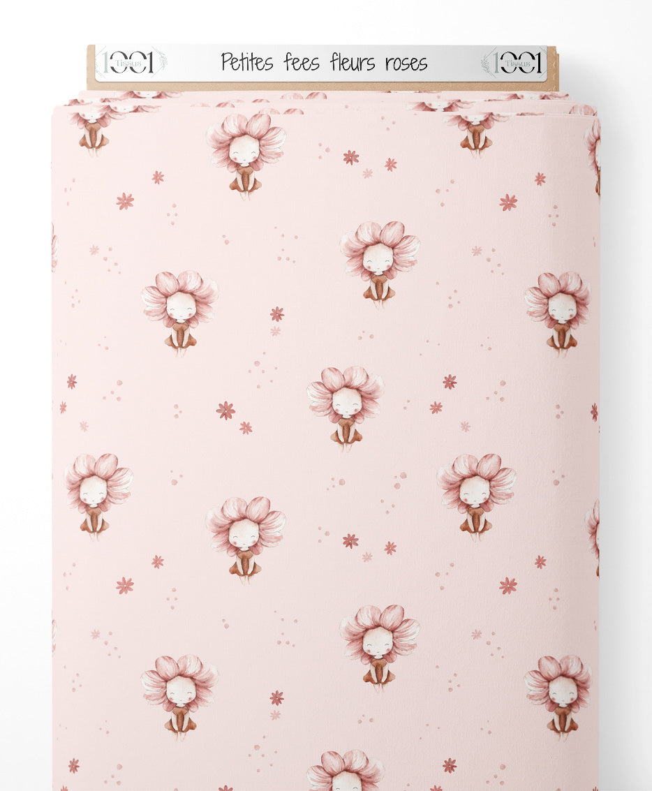 Tissu - Petites fées fleurs roses
