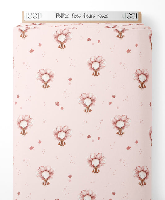 Tissu - Petites fées fleurs roses
