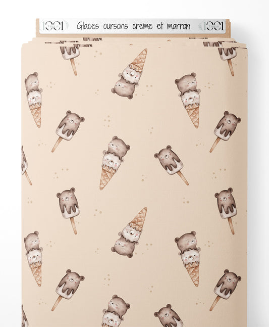 Tissu - Glaces oursons crème et marron