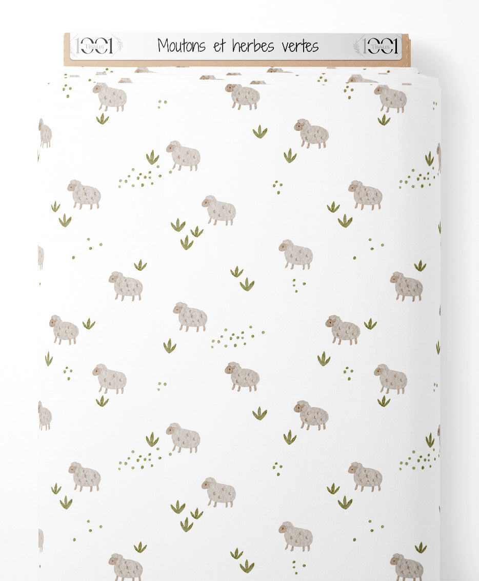 Tissu - Moutons et herbes vertes