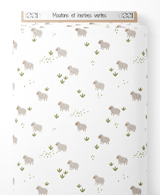 Tissu - Moutons et herbes vertes