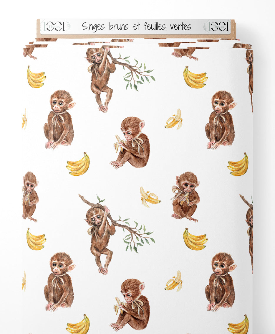 Tissu - Singes bruns et feuilles vertes