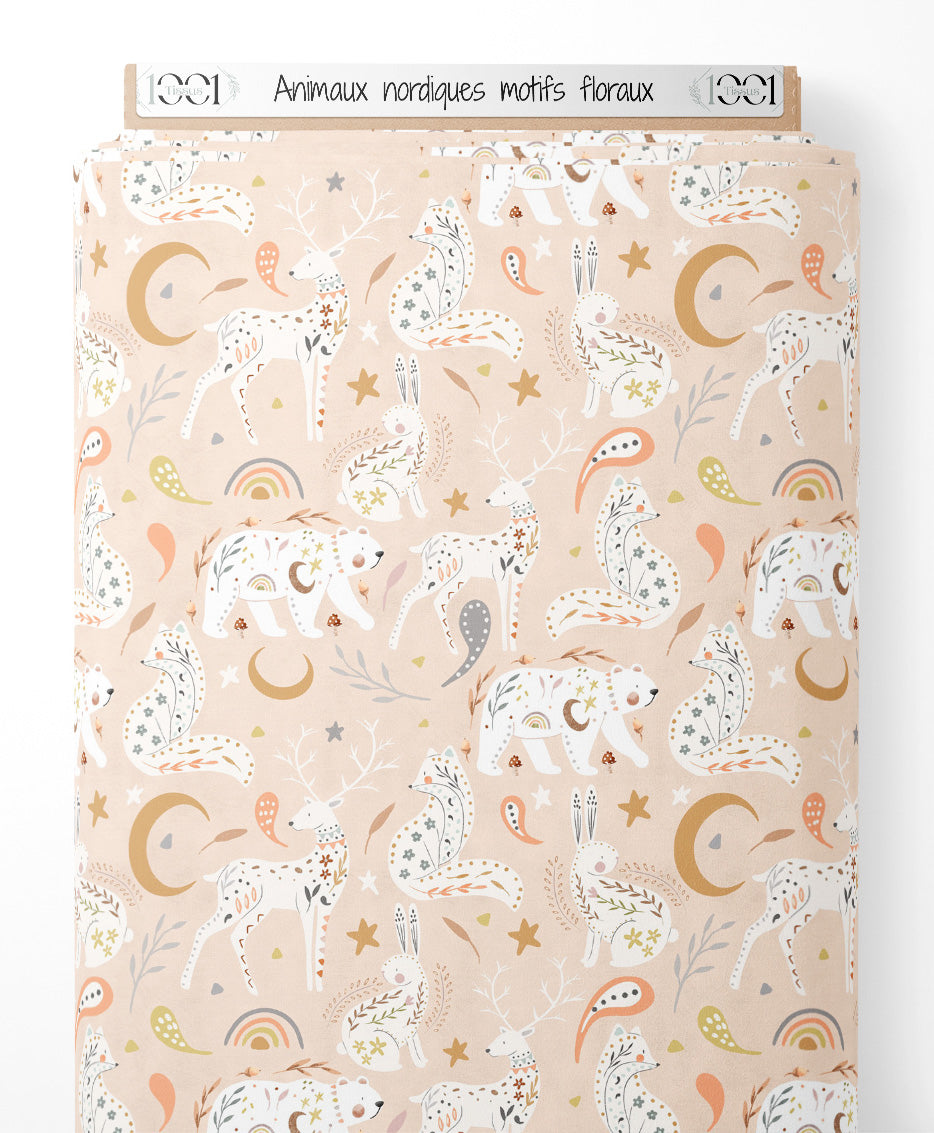 Tissu - Animaux nordiques motifs floraux