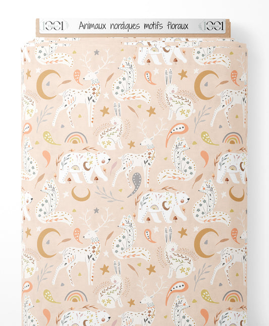 Tissu - Animaux nordiques motifs floraux