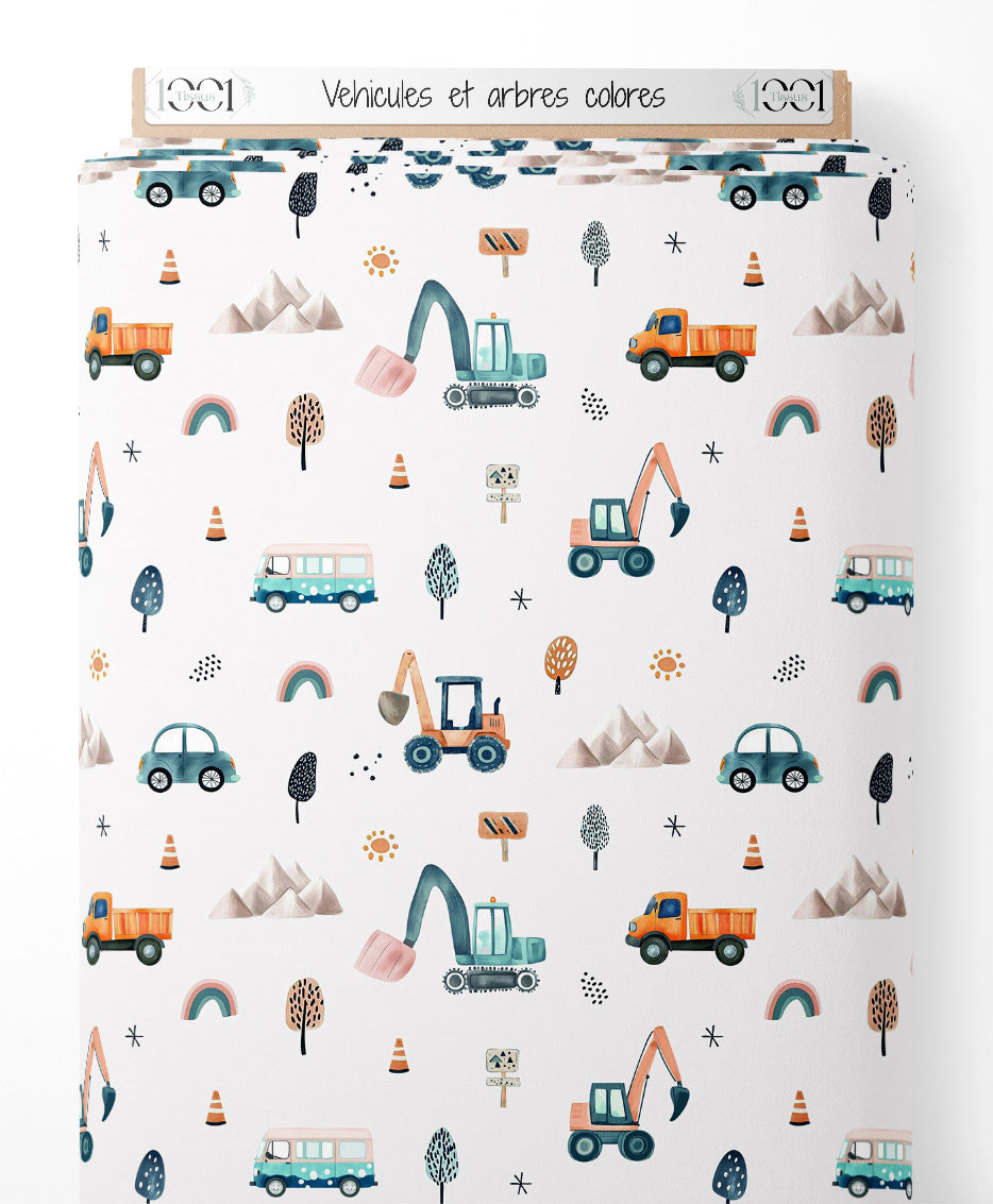Tissu - Véhicules et arbres colorés