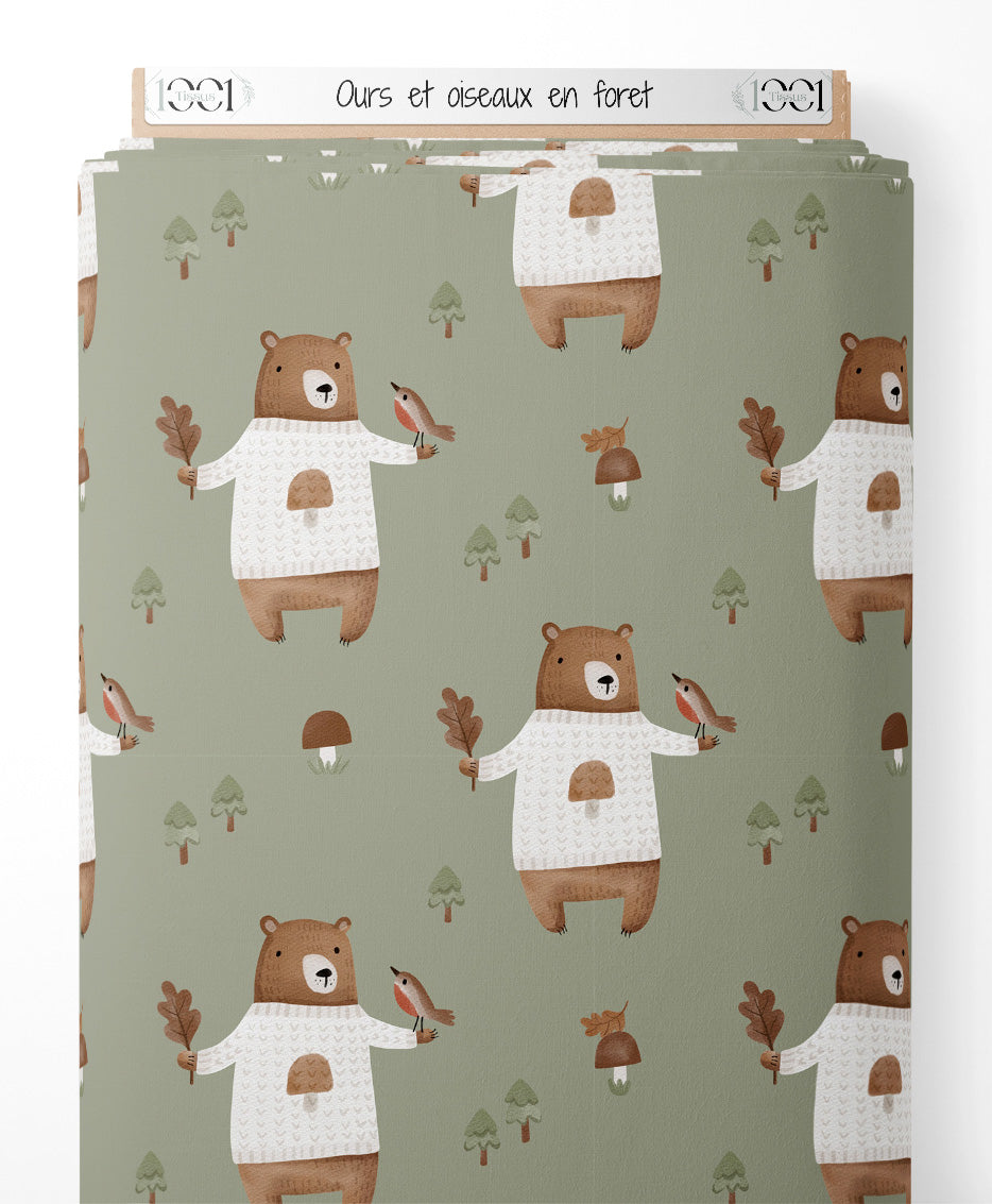 Tissu - Ours et oiseaux en forêt