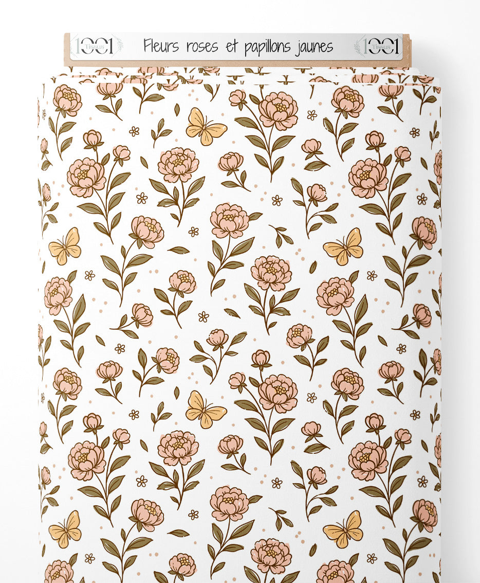 Tissu - Fleurs roses et papillons jaunes