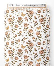 Tissu - Fleurs roses et papillons jaunes