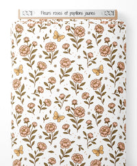 Tissu - Fleurs roses et papillons jaunes
