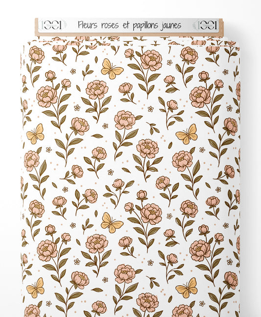 Tissu - Fleurs roses et papillons jaunes