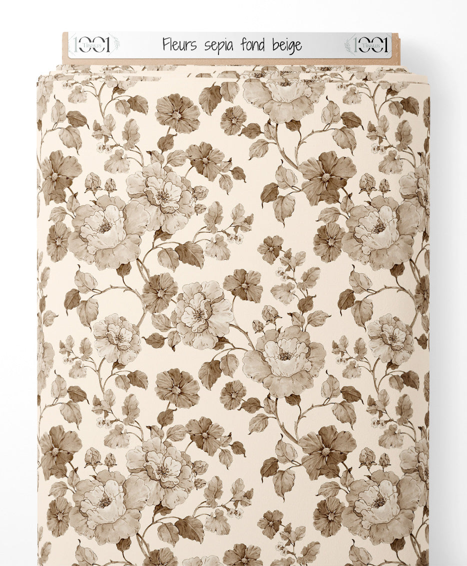 Tissu - Fleurs sépia sur fond beige