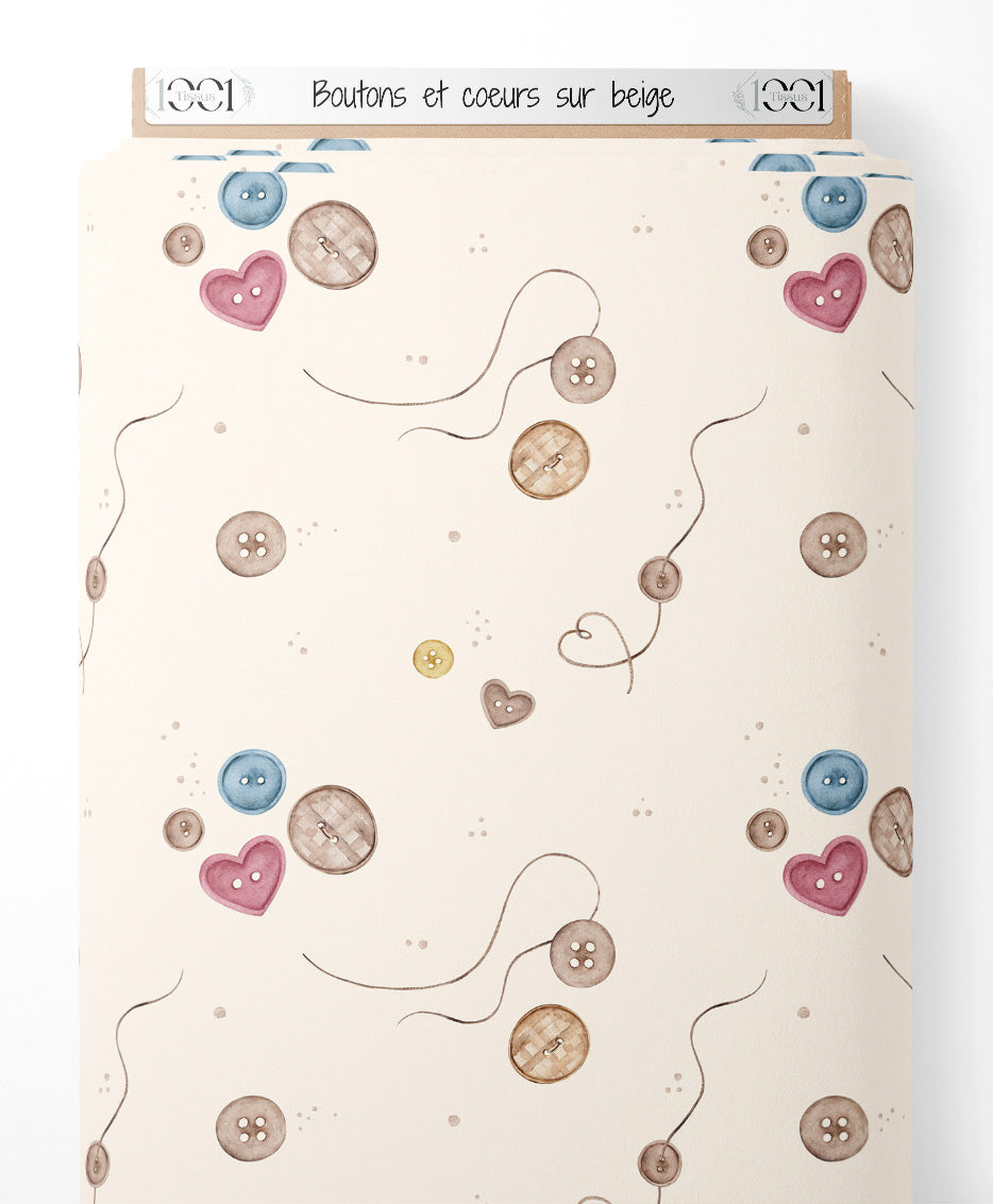 Tissu - Boutons et cœurs sur beige