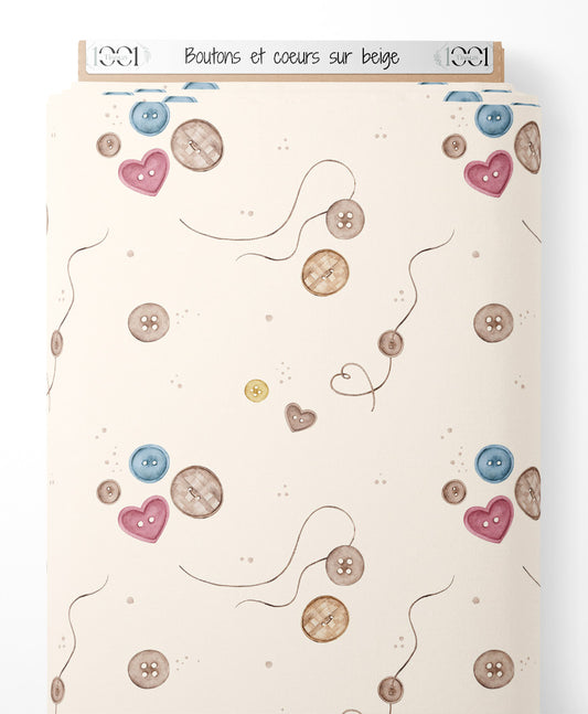 Tissu - Boutons et cœurs sur beige