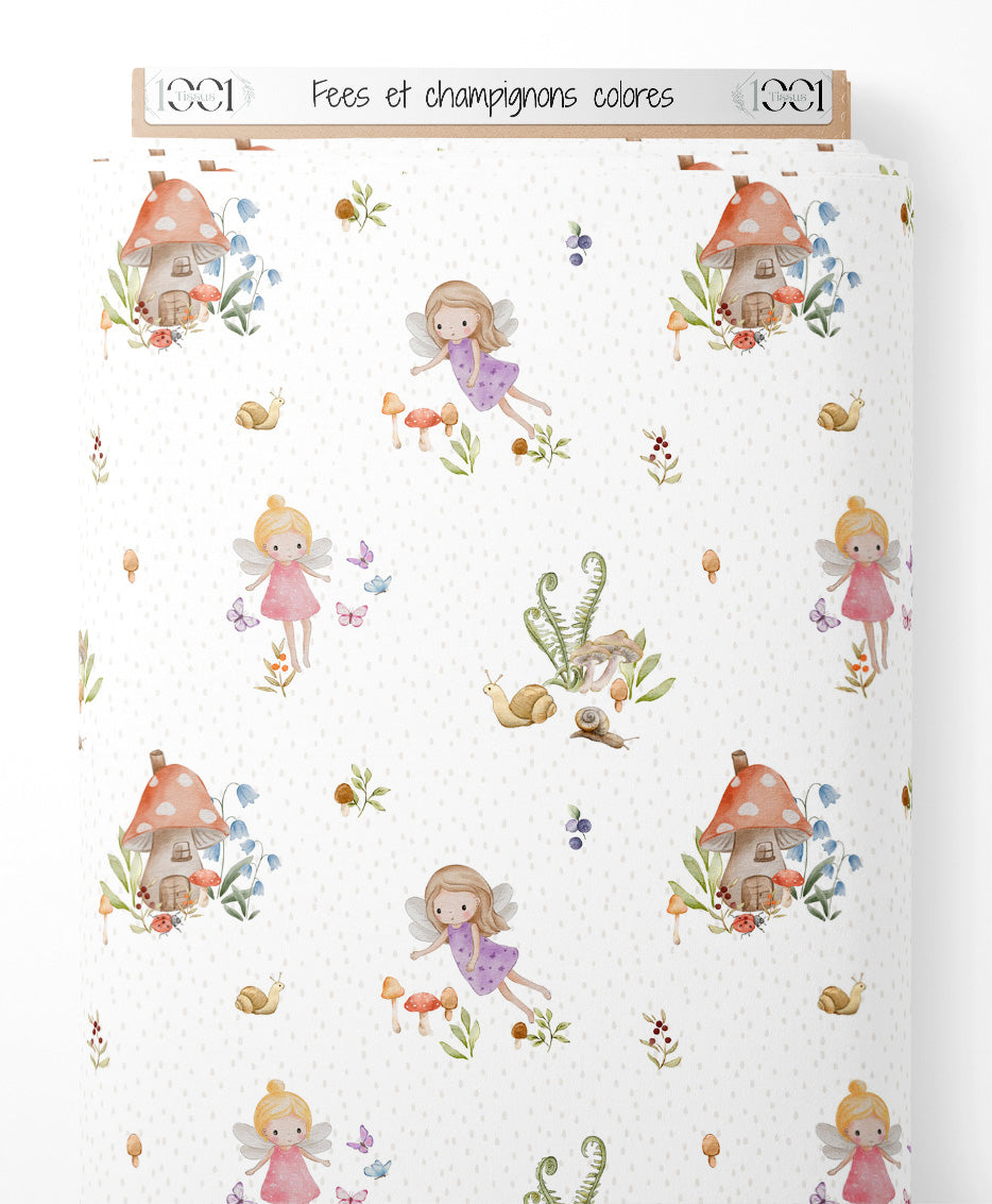Tissu - Fées et champignons colorés