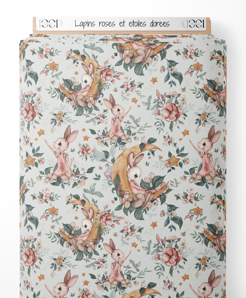 Tissu - Lapins roses et étoiles dorées