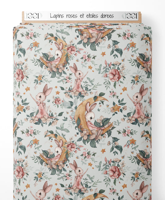 Tissu - Lapins roses et étoiles dorées