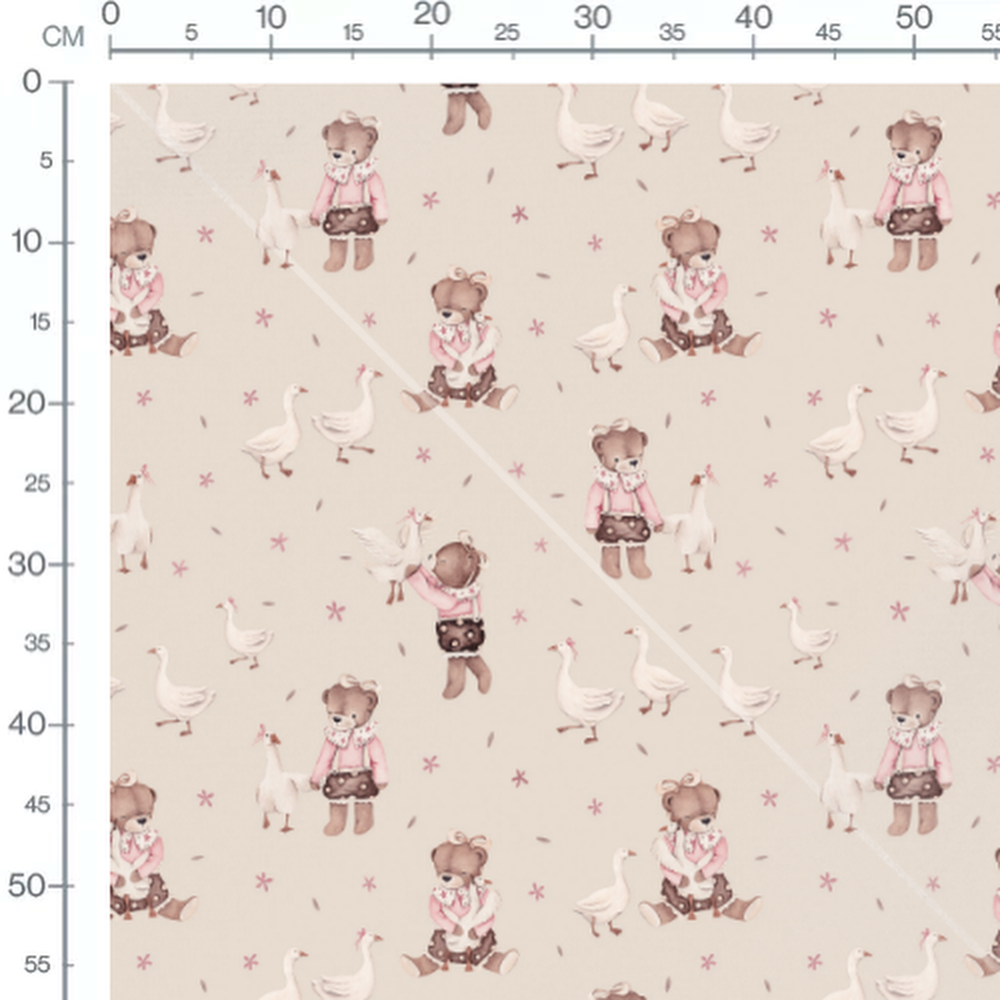 Tissu - Oursons roses et oies blanches