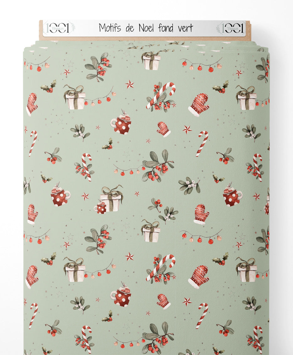 Tissu - Motifs de Noël sur fond vert