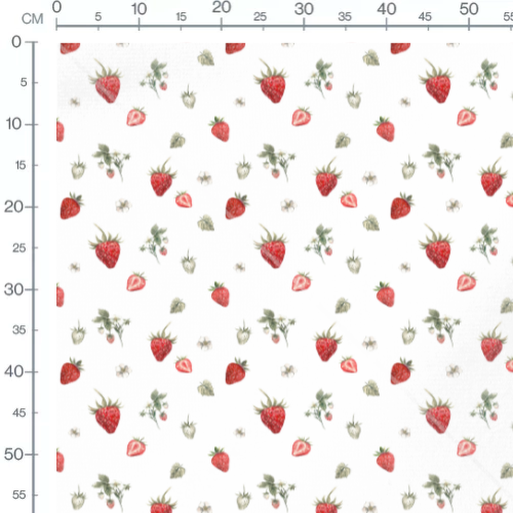 Tissu - Fraises rouges et fleurs blanches
