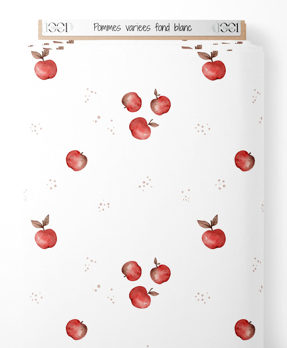 Tissu - Pommes variées sur fond blanc