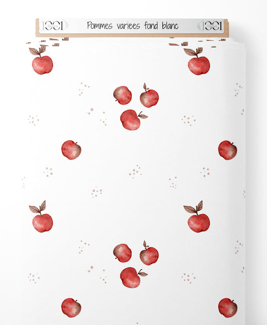 Tissu - Pommes variées sur fond blanc