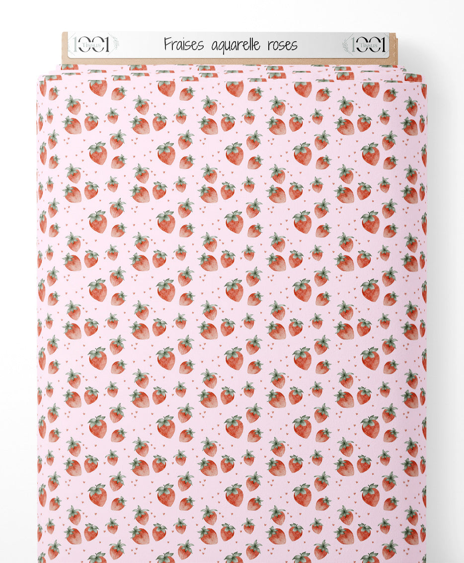 Tissu - Fraises aquarelle roses