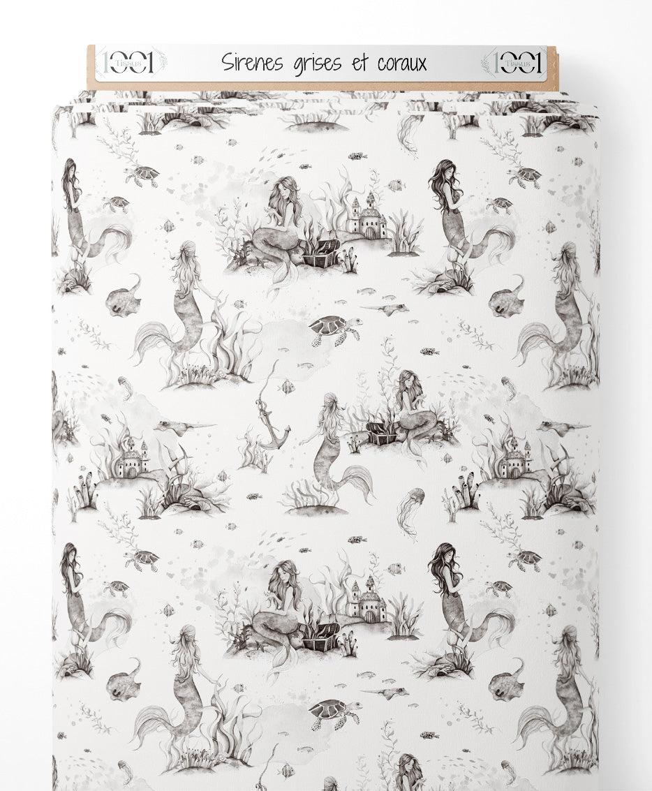 Tissu - Sirènes grises et coraux