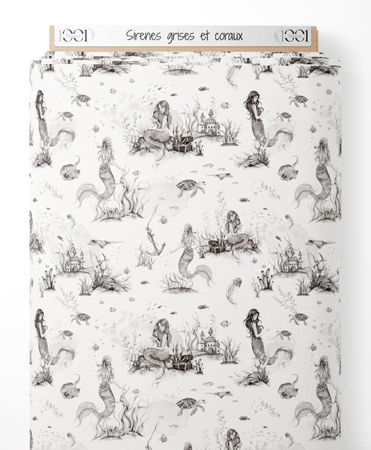 Tissu - Sirènes grises et coraux