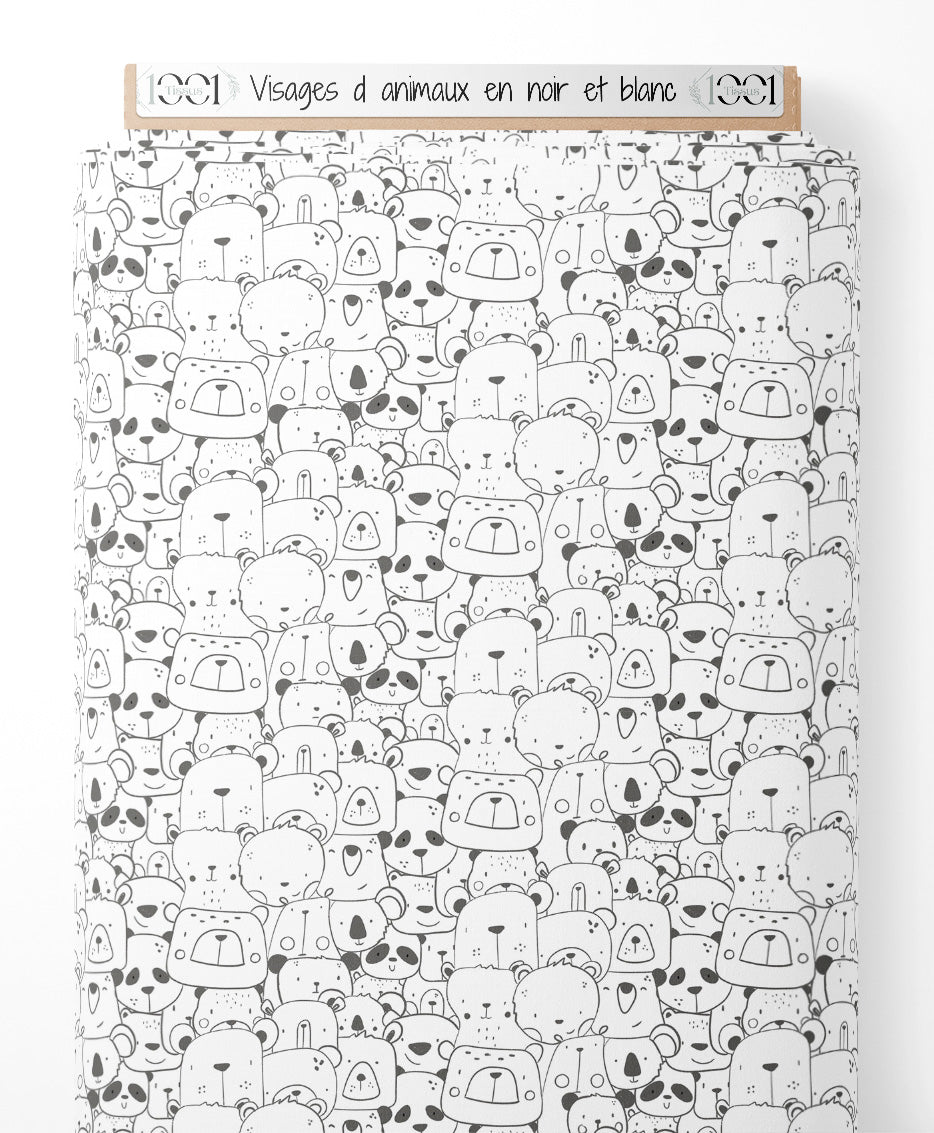 Tissu - Visages d'animaux en noir et blanc