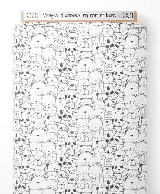 Tissu - Visages d'animaux en noir et blanc