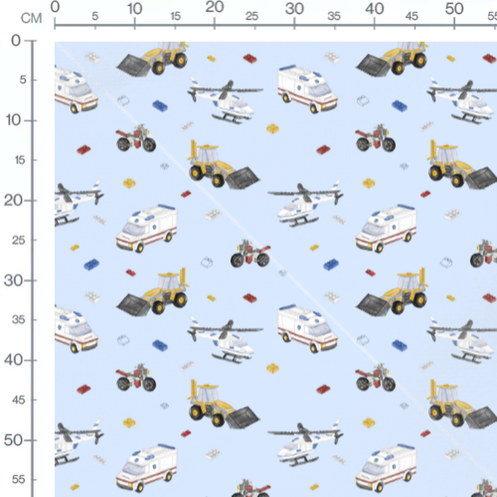 Tissu - Véhicules colorés sur bleu clair