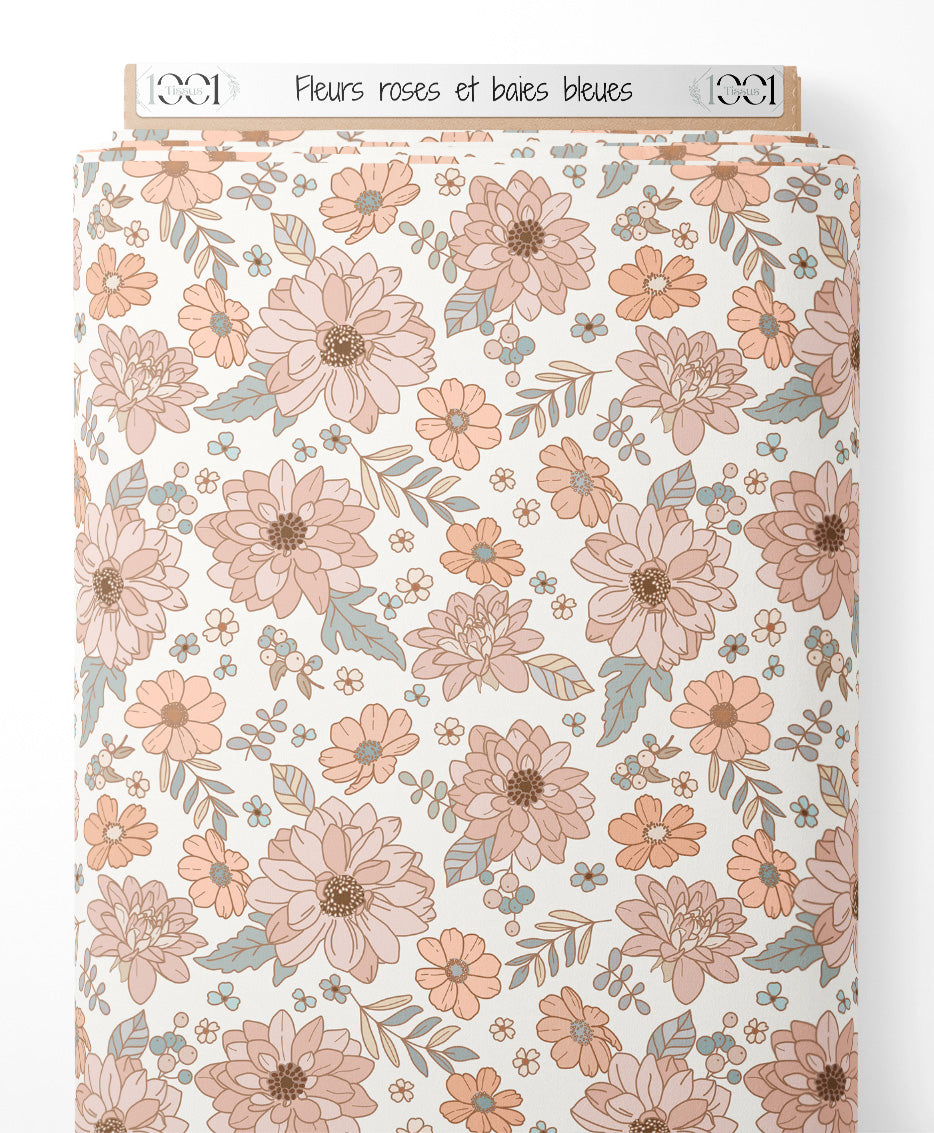 Tissu - Fleurs roses et baies bleues