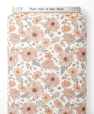 Tissu - Fleurs roses et baies bleues