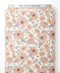 Tissu - Fleurs roses et baies bleues