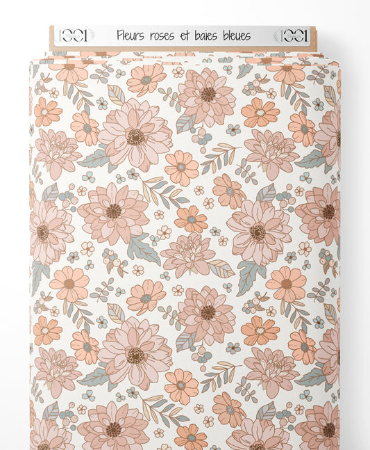 Tissu - Fleurs roses et baies bleues