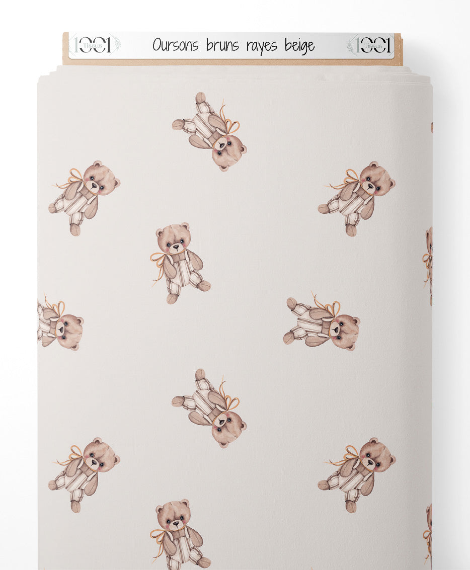 Tissu - Oursons bruns rayés beige